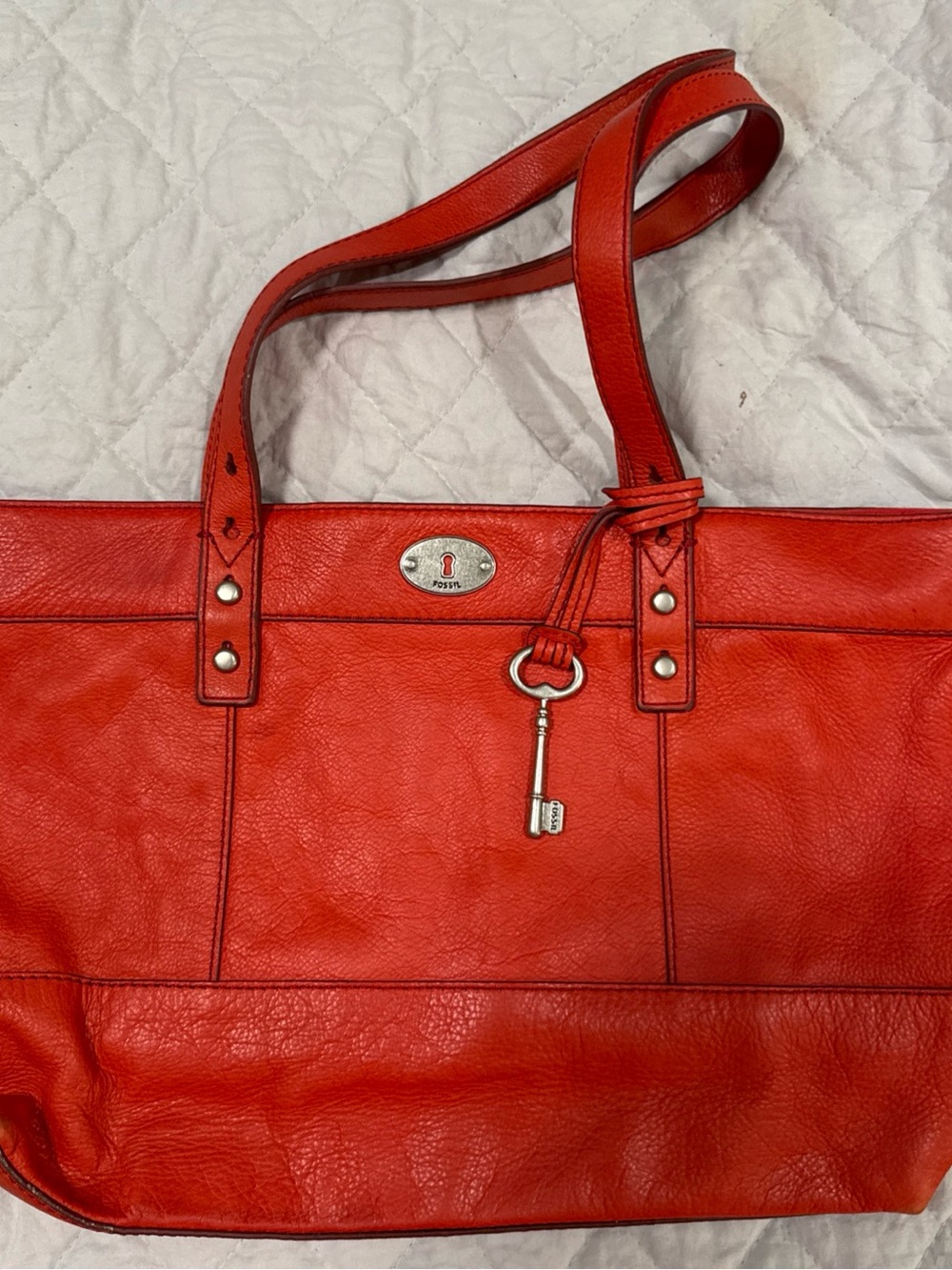 FOSSIL HUNTER Red Orange LEATHER SHOPPER TOTE SHOULDER HANDBAG